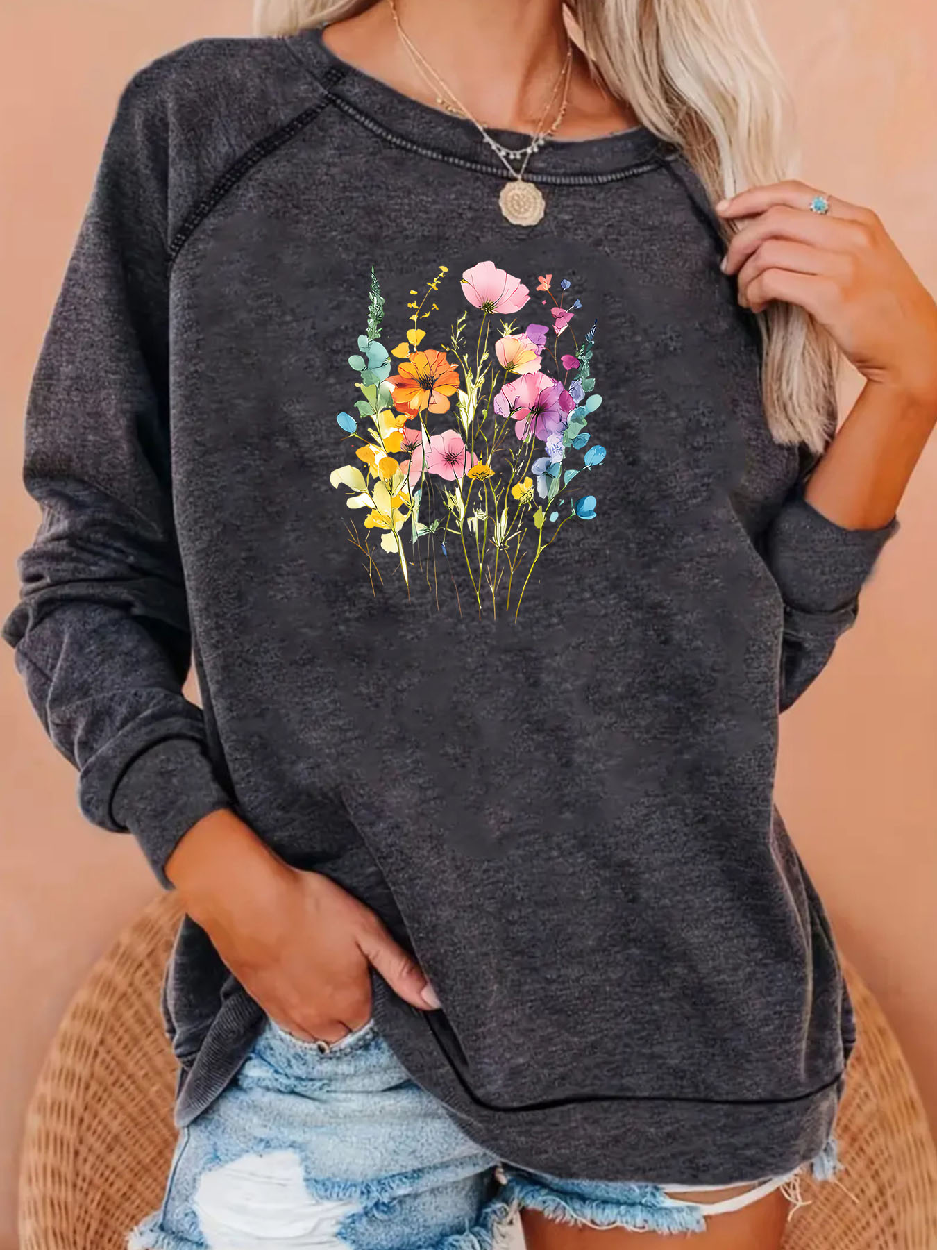 Winter Clothing Hoodie - Bluza z nadrukiem akwarelowych kwiatów, wiosenno-jesienna
